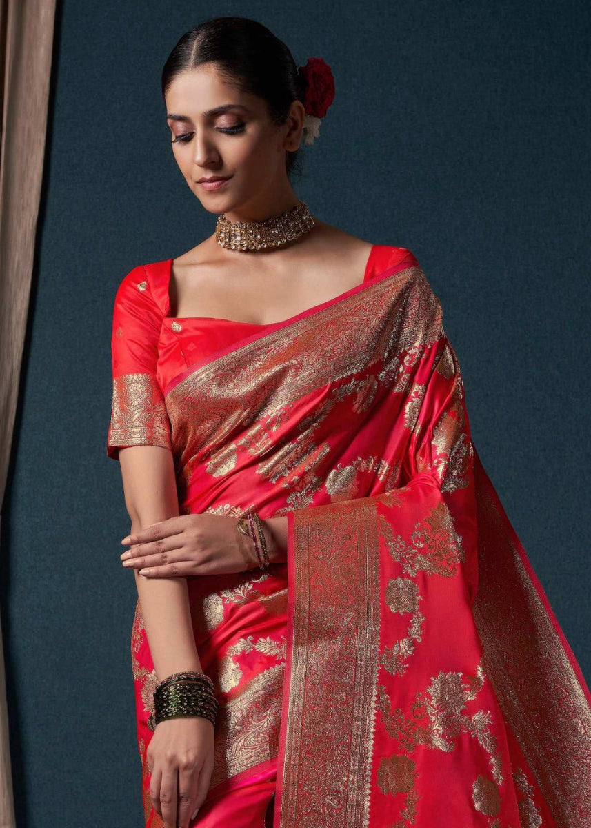 Crimson Pink Banarasi - Style Satin Silk Saree with Zari work - House of Sarvati LLC