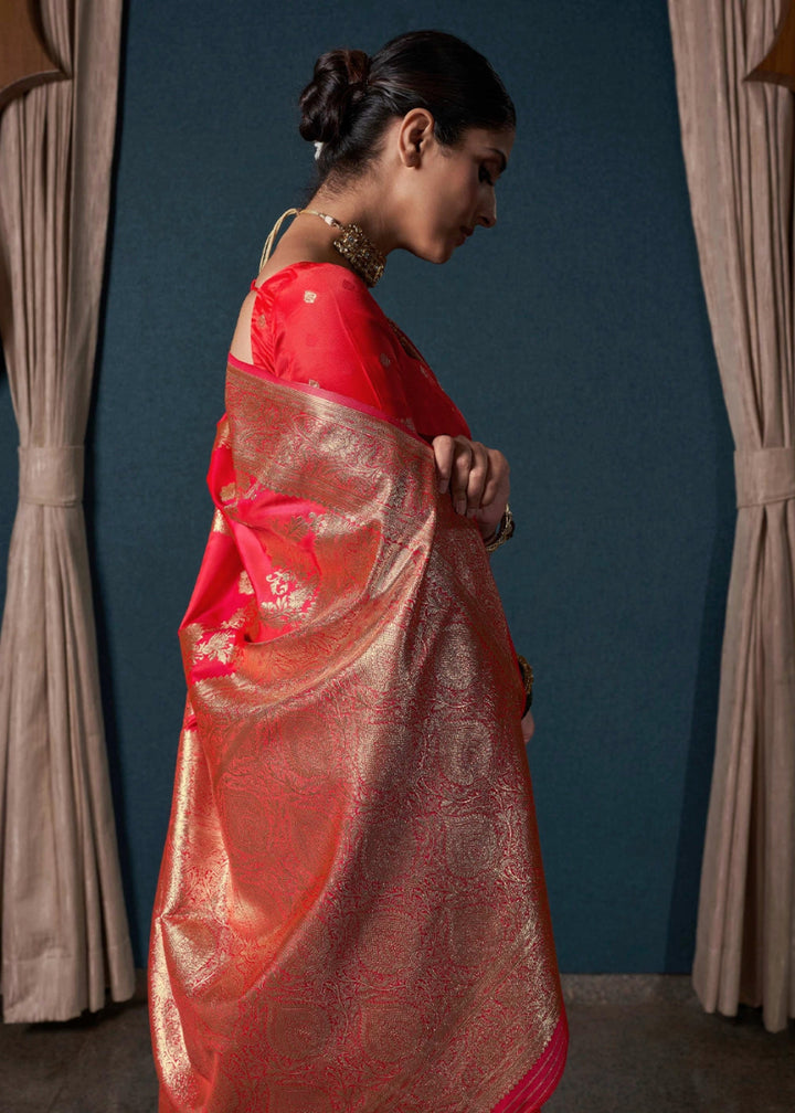 Crimson Pink Banarasi - Style Satin Silk Saree with Zari work - House of Sarvati LLC