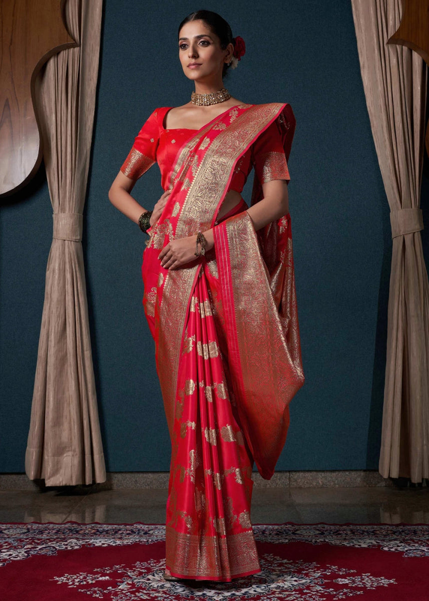 Crimson Pink Banarasi - Style Satin Silk Saree with Zari work - House of Sarvati LLC