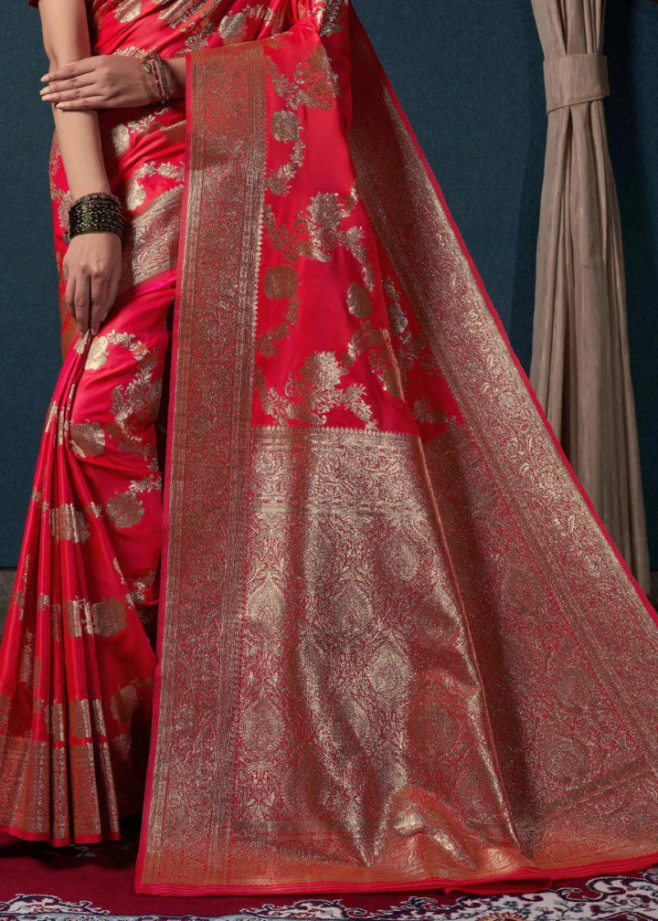 Crimson Pink Banarasi - Style Satin Silk Saree with Zari work - House of Sarvati LLC