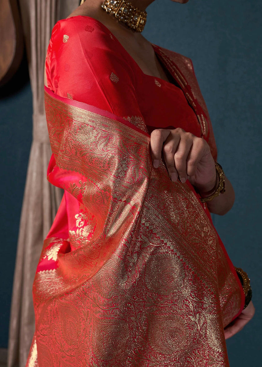 Crimson Pink Banarasi - Style Satin Silk Saree with Zari work - House of Sarvati LLC
