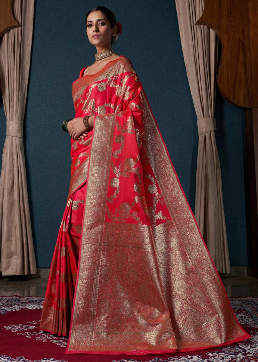 Crimson Pink Banarasi - Style Satin Silk Saree with Zari work - House of Sarvati LLC