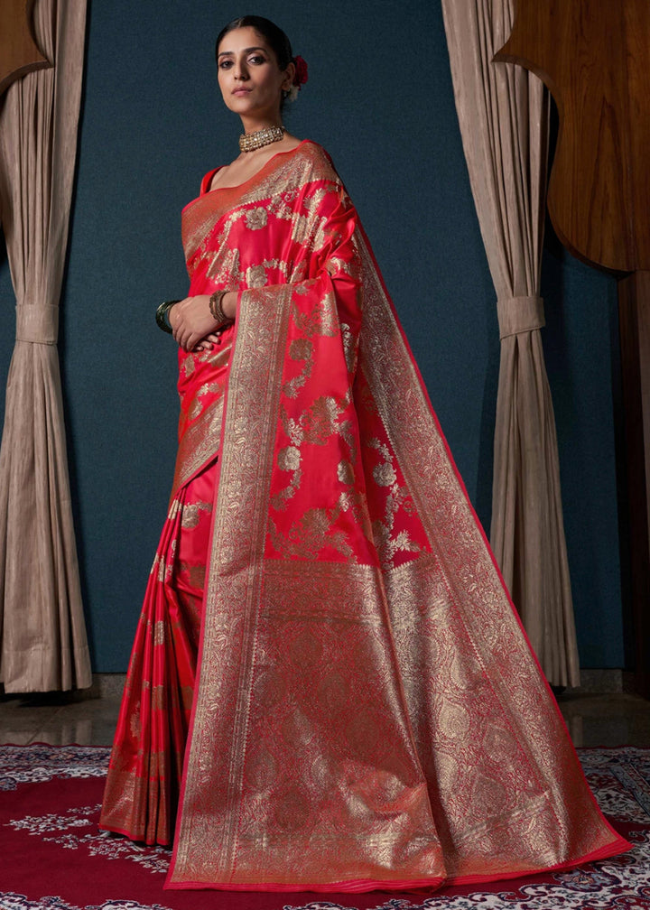 Crimson Pink Banarasi - Style Satin Silk Saree with Zari work - House of Sarvati LLC