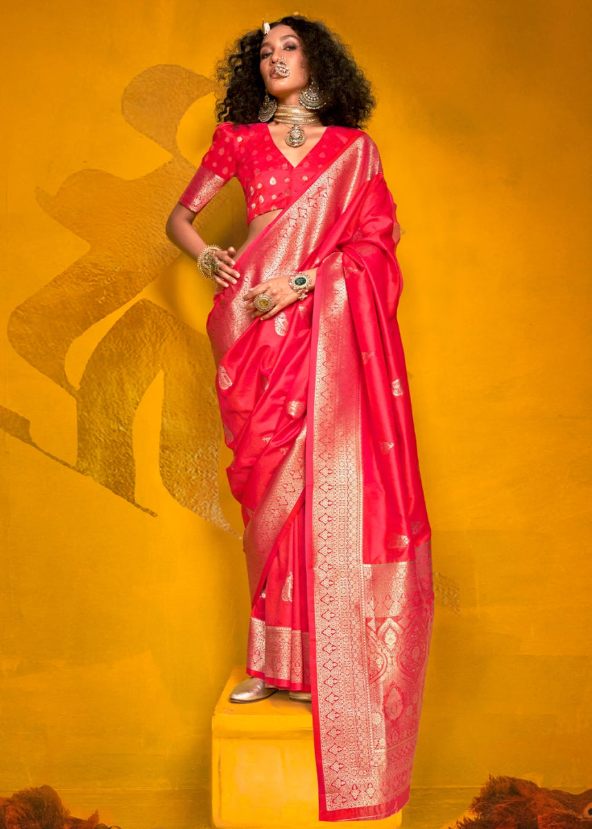 Crimson Pink Silk Saree Handwoven with Brocade Blouse - House of Sarvati LLC