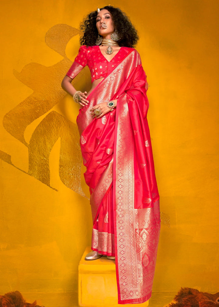 Crimson Pink Silk Saree Handwoven with Brocade Blouse - House of Sarvati LLC