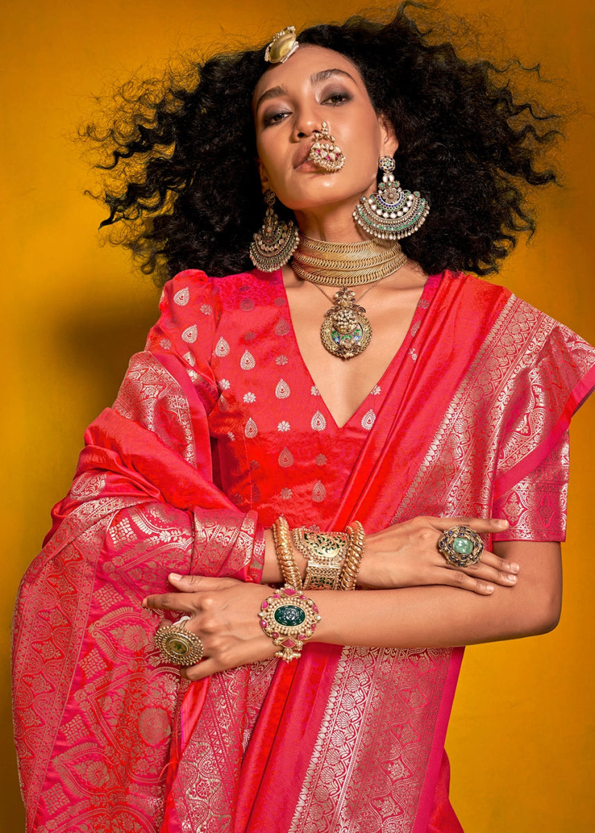 Crimson Pink Silk Saree Handwoven with Brocade Blouse - House of Sarvati LLC