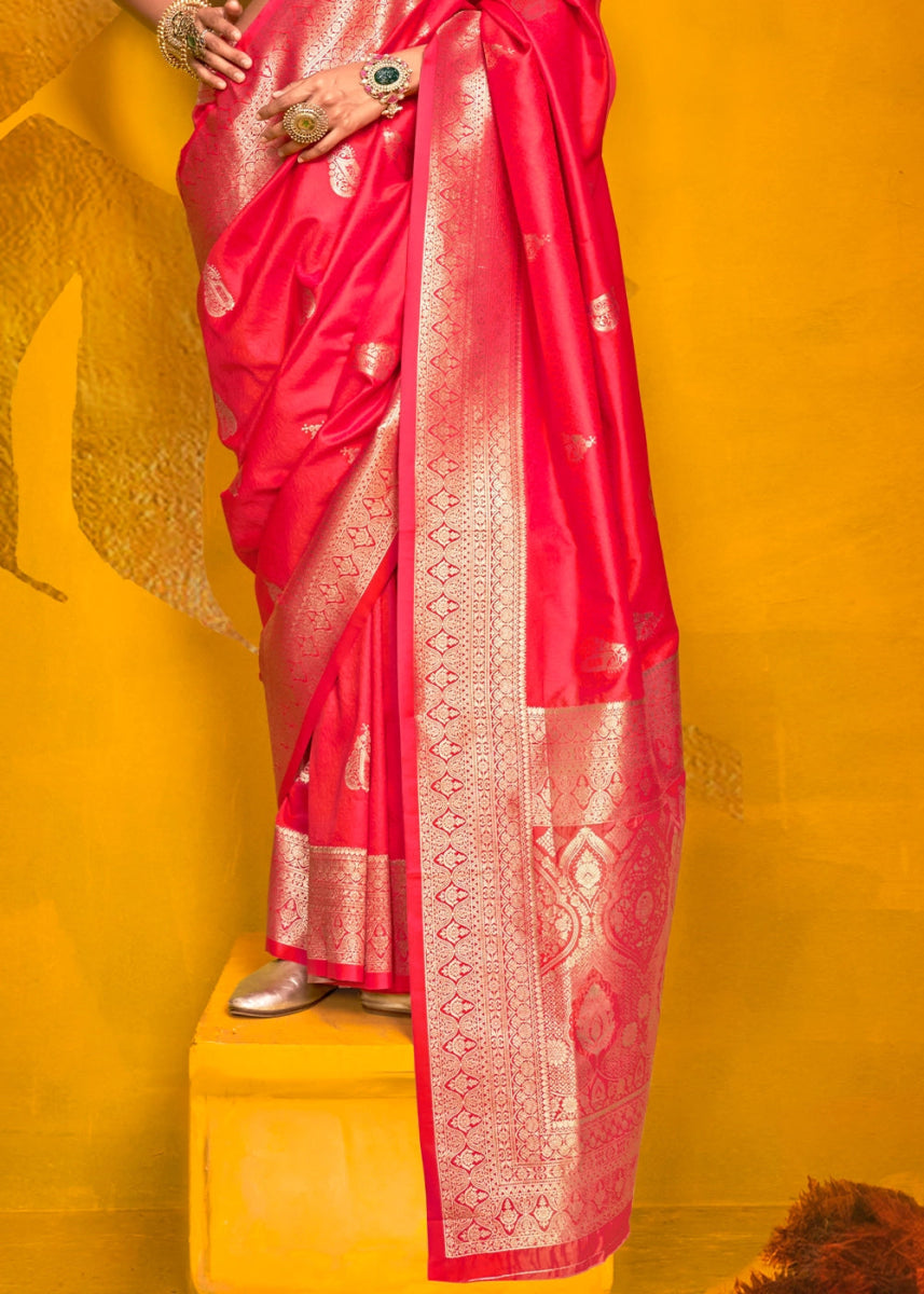 Crimson Pink Silk Saree Handwoven with Brocade Blouse - House of Sarvati LLC
