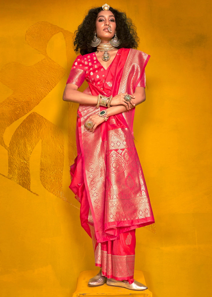 Crimson Pink Silk Saree Handwoven with Brocade Blouse - House of Sarvati LLC