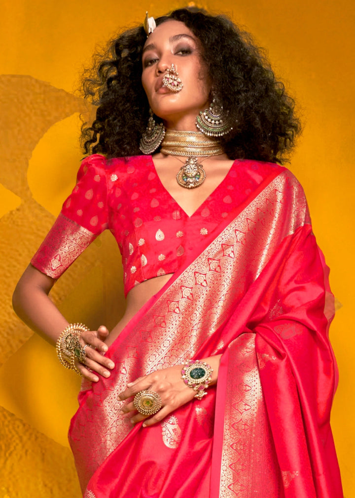 Crimson Pink Silk Saree Handwoven with Brocade Blouse - House of Sarvati LLC
