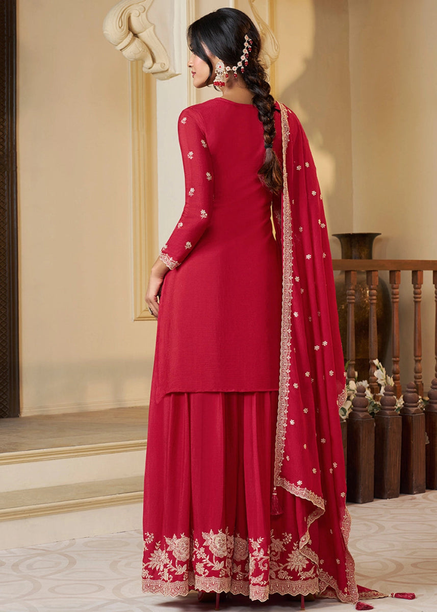 Crimson Red Chinon Silk Sharara Suit with Intricate White Thread & Sequin Embroidery - House of Sarvati LLC