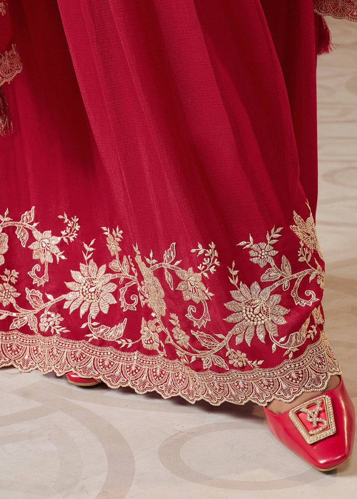 Crimson Red Chinon Silk Sharara Suit with Intricate White Thread & Sequin Embroidery - House of Sarvati LLC