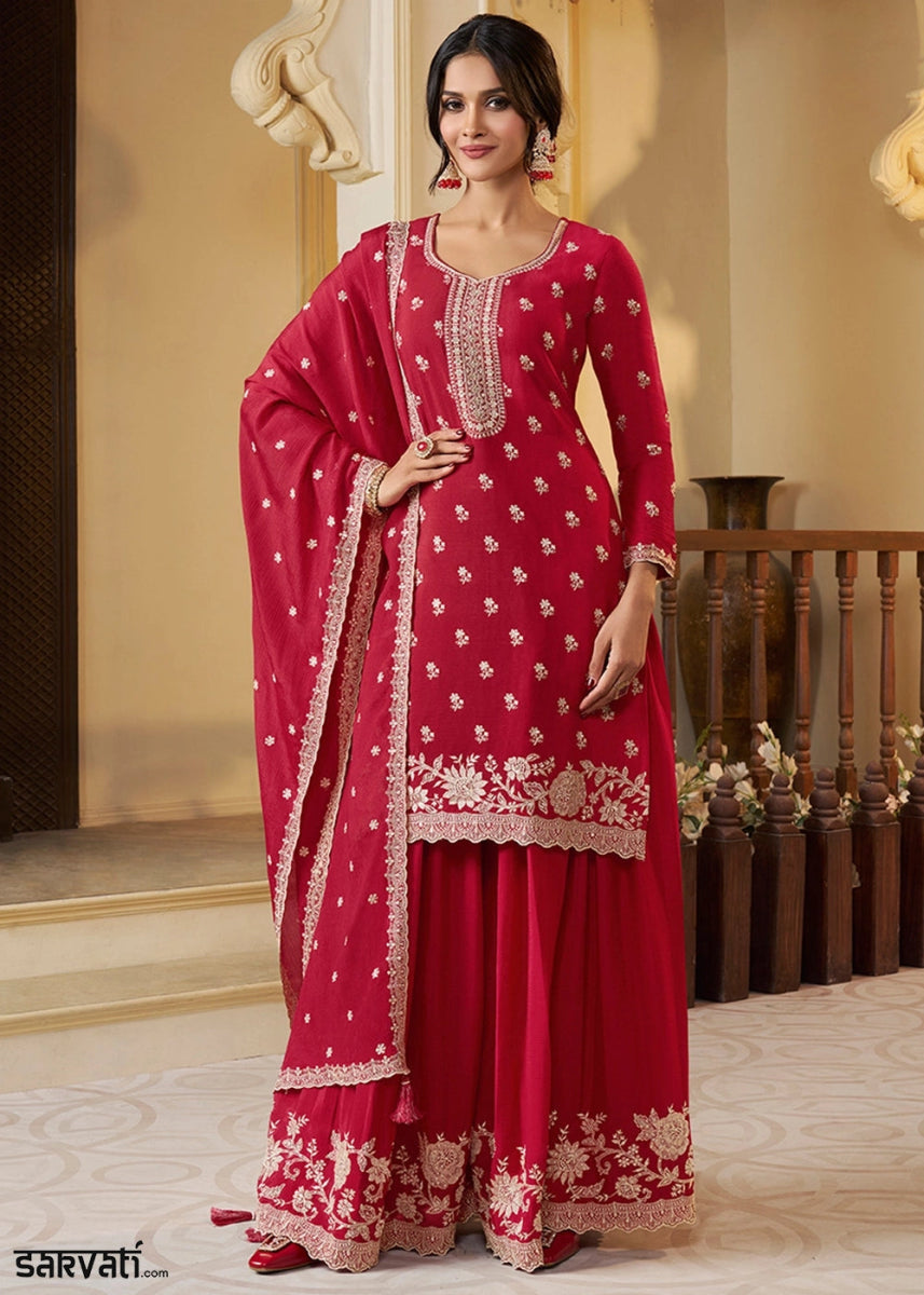 Crimson Red Chinon Silk Sharara Suit with Intricate White Thread & Sequin Embroidery - House of Sarvati LLC