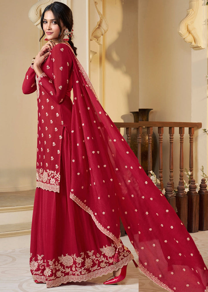 Crimson Red Chinon Silk Sharara Suit with Intricate White Thread & Sequin Embroidery - House of Sarvati LLC