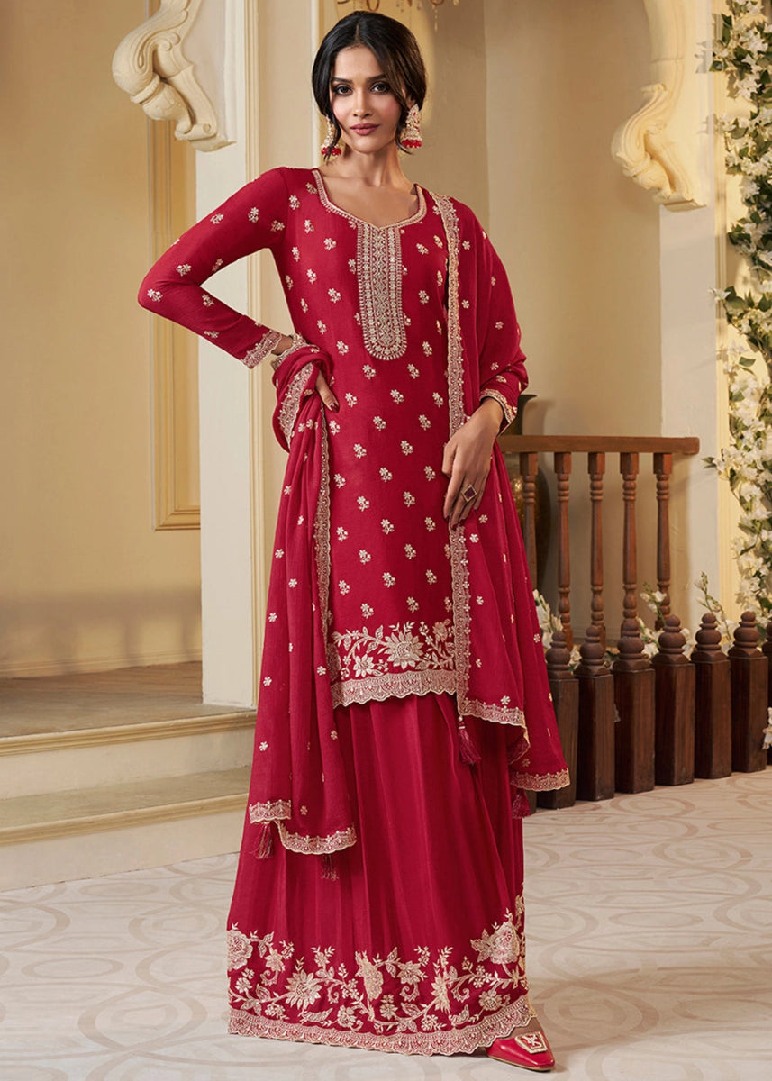 Crimson Red Chinon Silk Sharara Suit with Intricate White Thread & Sequin Embroidery - House of Sarvati LLC