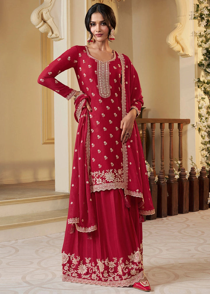 Crimson Red Chinon Silk Sharara Suit with Intricate White Thread & Sequin Embroidery - House of Sarvati LLC