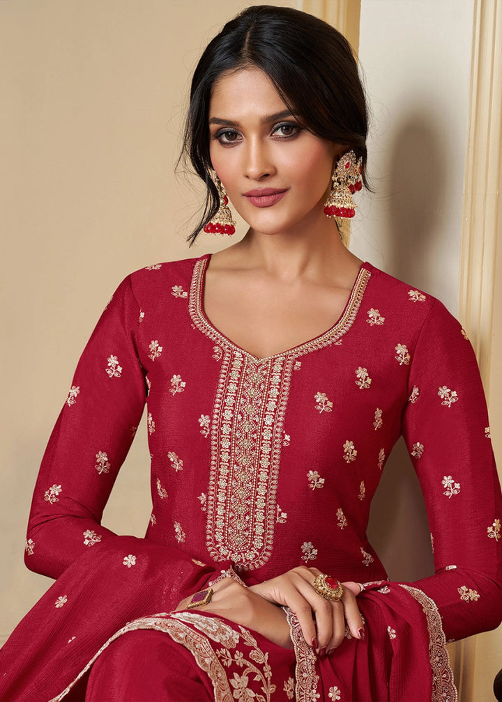 Crimson Red Chinon Silk Sharara Suit with Intricate White Thread & Sequin Embroidery - House of Sarvati LLC