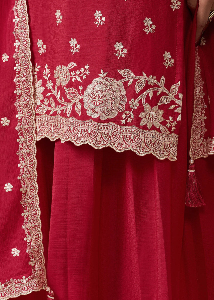 Crimson Red Chinon Silk Sharara Suit with Intricate White Thread & Sequin Embroidery - House of Sarvati LLC