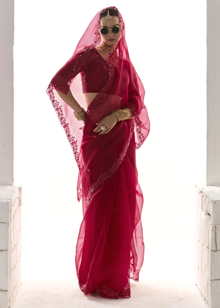 Crimson Red Designer Tissue Organza Saree With All - Over Buttas And Hand Embroidered Blouse - House of Sarvati LLC