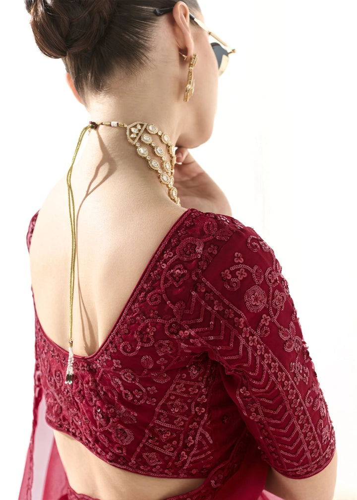Crimson Red Designer Tissue Organza Saree With All - Over Buttas And Hand Embroidered Blouse - House of Sarvati LLC