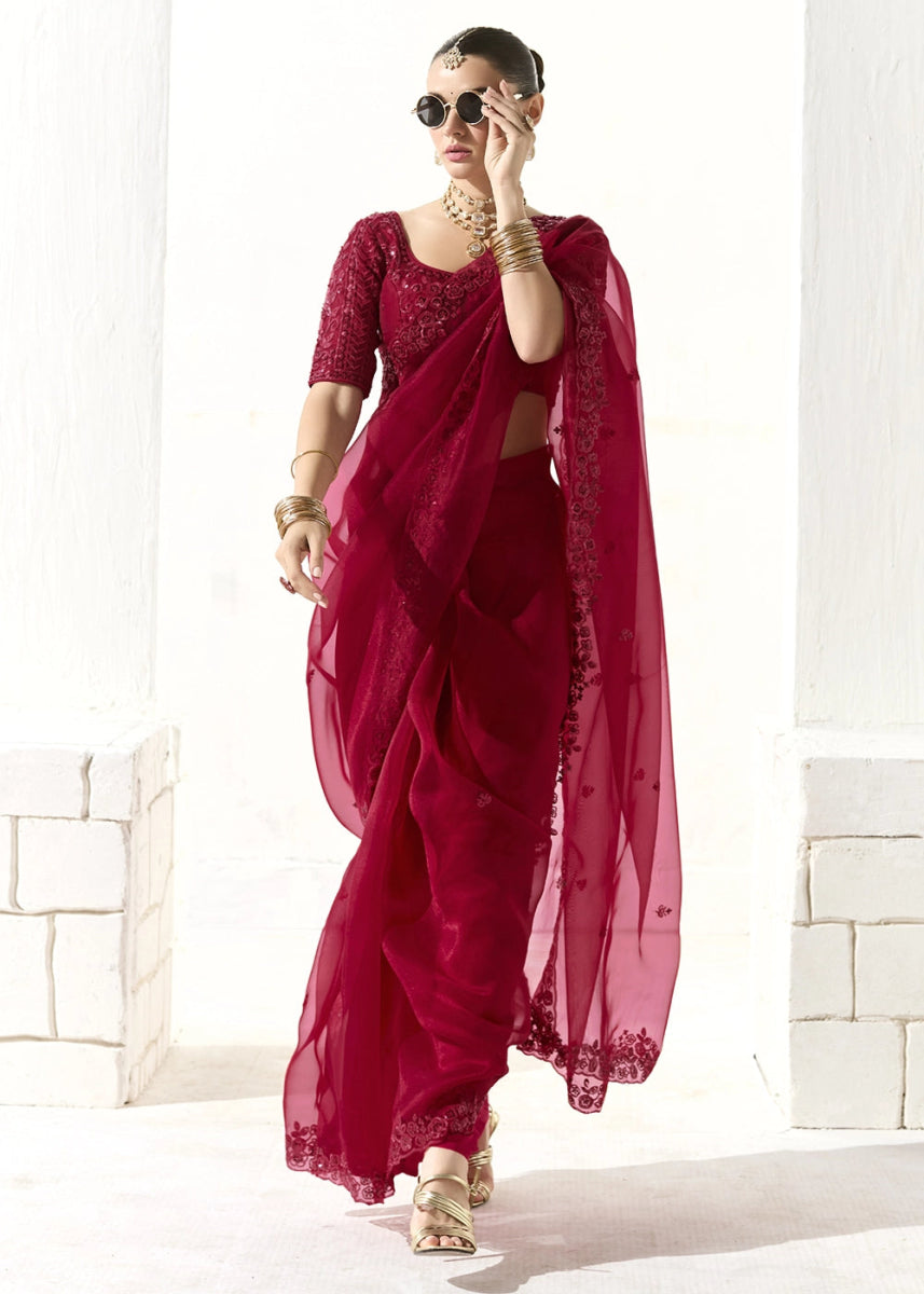 Crimson Red Designer Tissue Organza Saree With All - Over Buttas And Hand Embroidered Blouse - House of Sarvati LLC