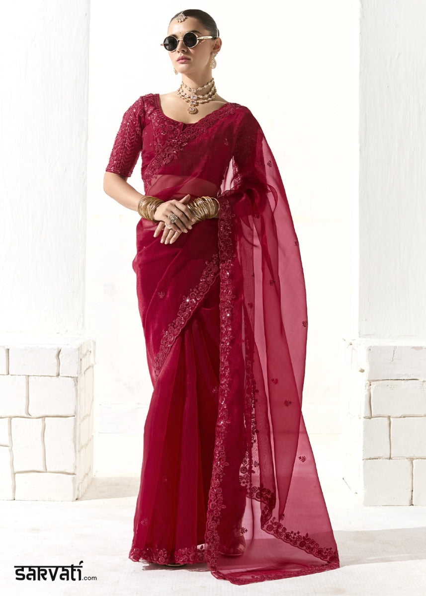 Crimson Red Designer Tissue Organza Saree With All - Over Buttas And Hand Embroidered Blouse - House of Sarvati LLC