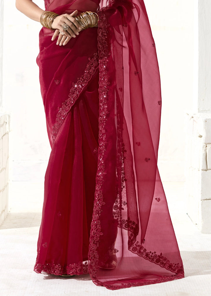 Crimson Red Designer Tissue Organza Saree With All - Over Buttas And Hand Embroidered Blouse - House of Sarvati LLC
