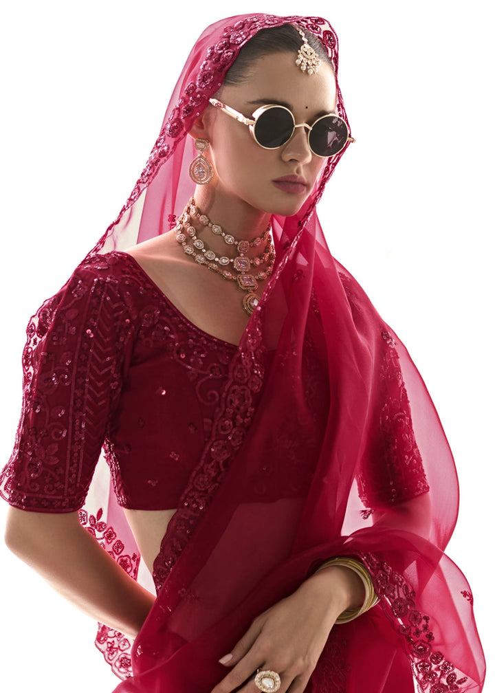 Crimson Red Designer Tissue Organza Saree With All - Over Buttas And Hand Embroidered Blouse - House of Sarvati LLC