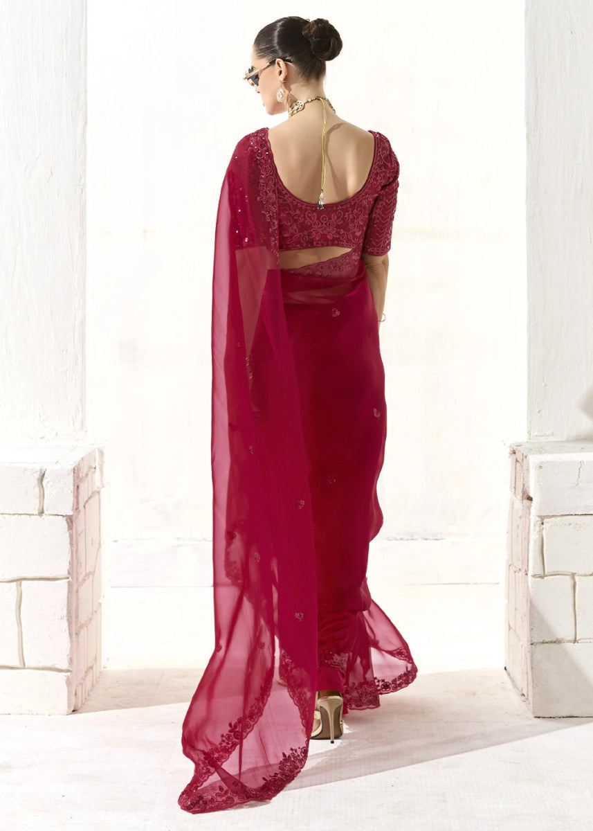 Crimson Red Designer Tissue Organza Saree With All - Over Buttas And Hand Embroidered Blouse - House of Sarvati LLC
