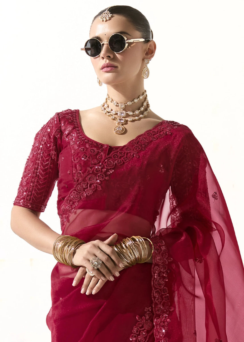 Crimson Red Designer Tissue Organza Saree With All - Over Buttas And Hand Embroidered Blouse - House of Sarvati LLC