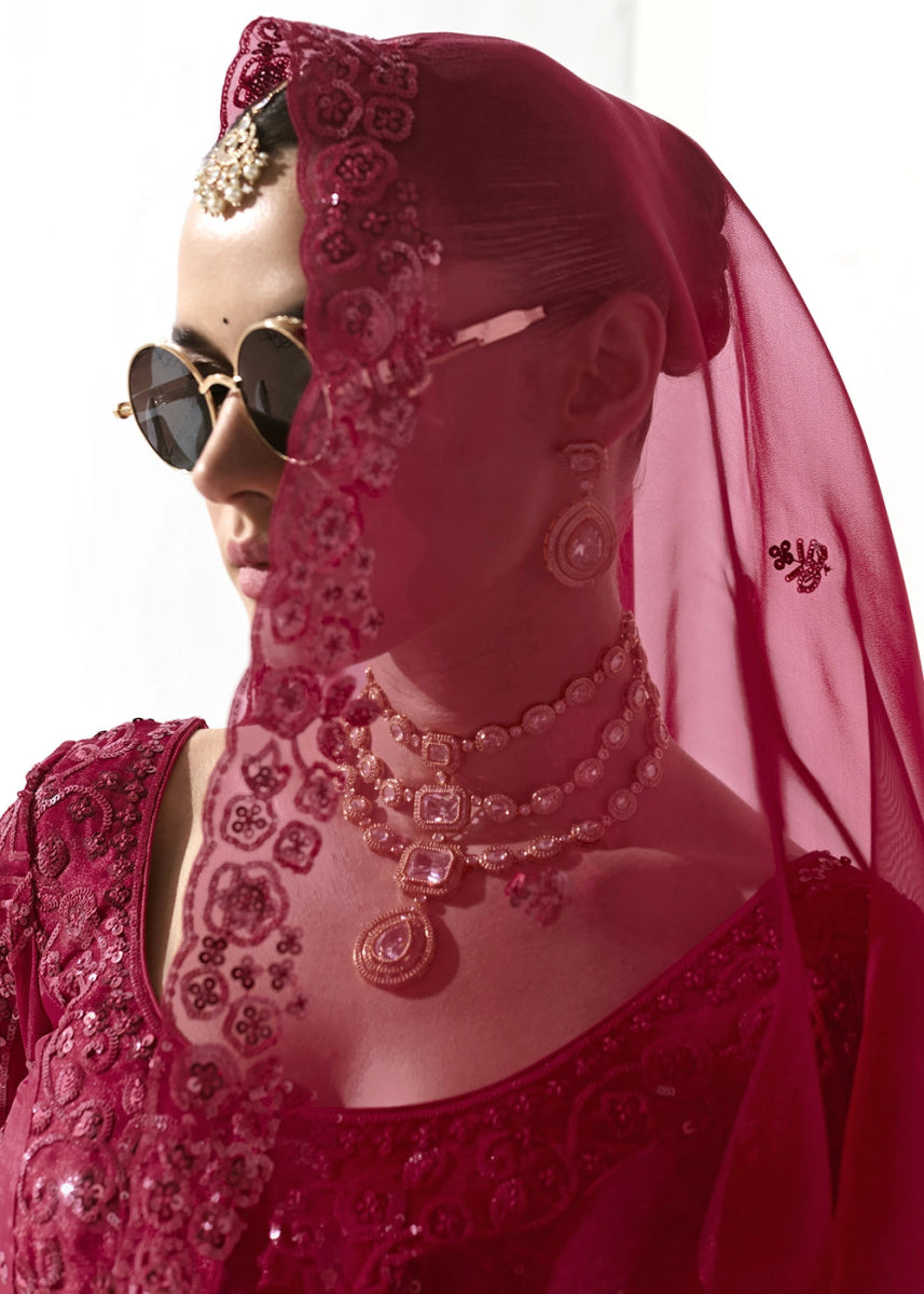 Crimson Red Designer Tissue Organza Saree With All - Over Buttas And Hand Embroidered Blouse - House of Sarvati LLC
