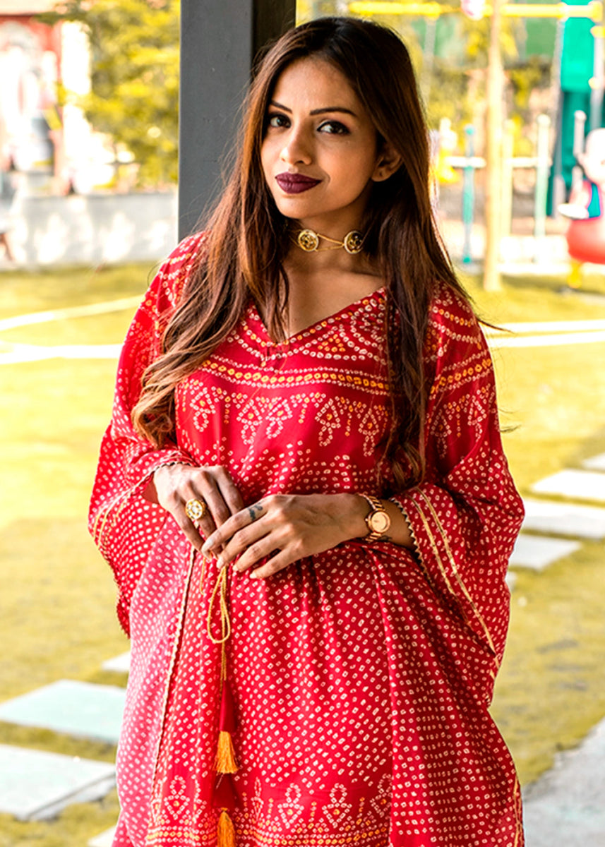 Crimson Red Gaji Silk Kaftan with Gota Patti Lace and All - Over Bandhani Digital Print - House of Sarvati LLC