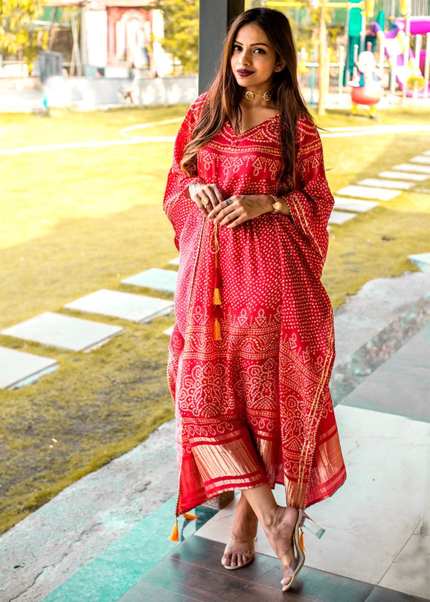 Crimson Red Gaji Silk Kaftan with Gota Patti Lace and All - Over Bandhani Digital Print - House of Sarvati LLC