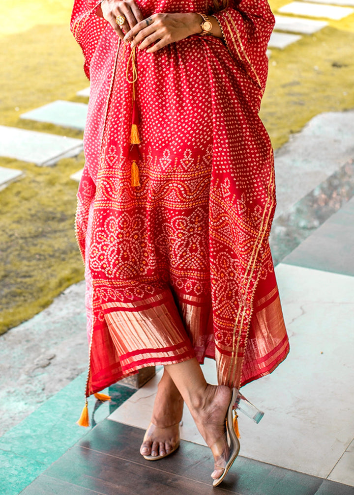 Crimson Red Gaji Silk Kaftan with Gota Patti Lace and All - Over Bandhani Digital Print - House of Sarvati LLC