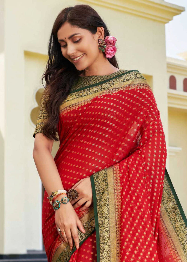 Crimson Red Georgette Silk Saree with Ornate Zari Border & Pallu - House of Sarvati LLC