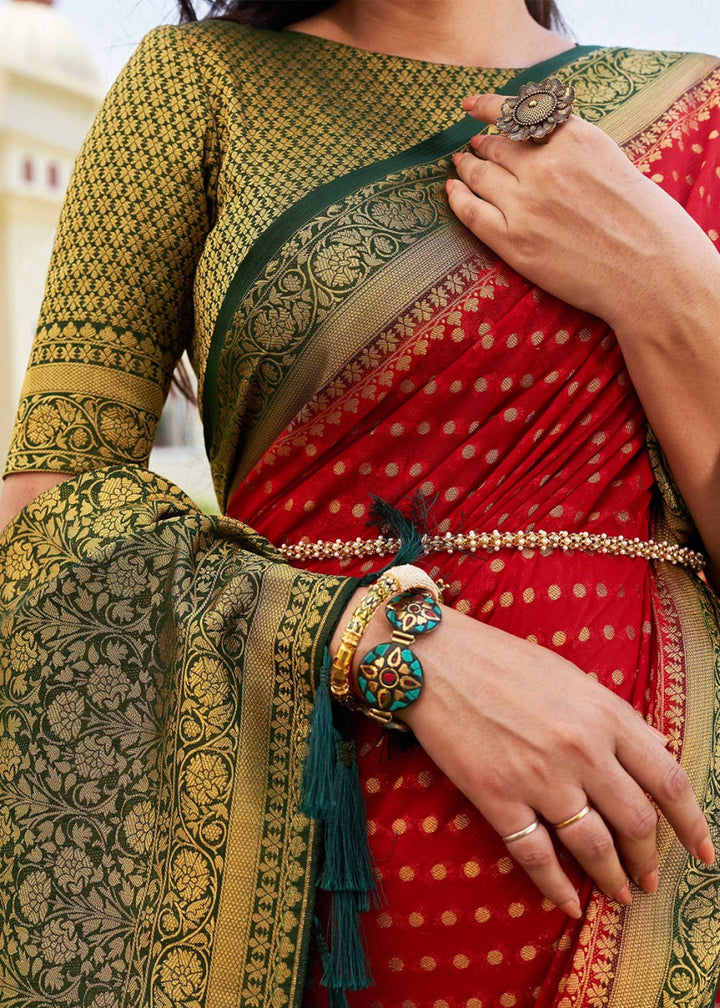 Crimson Red Georgette Silk Saree with Ornate Zari Border & Pallu - House of Sarvati LLC