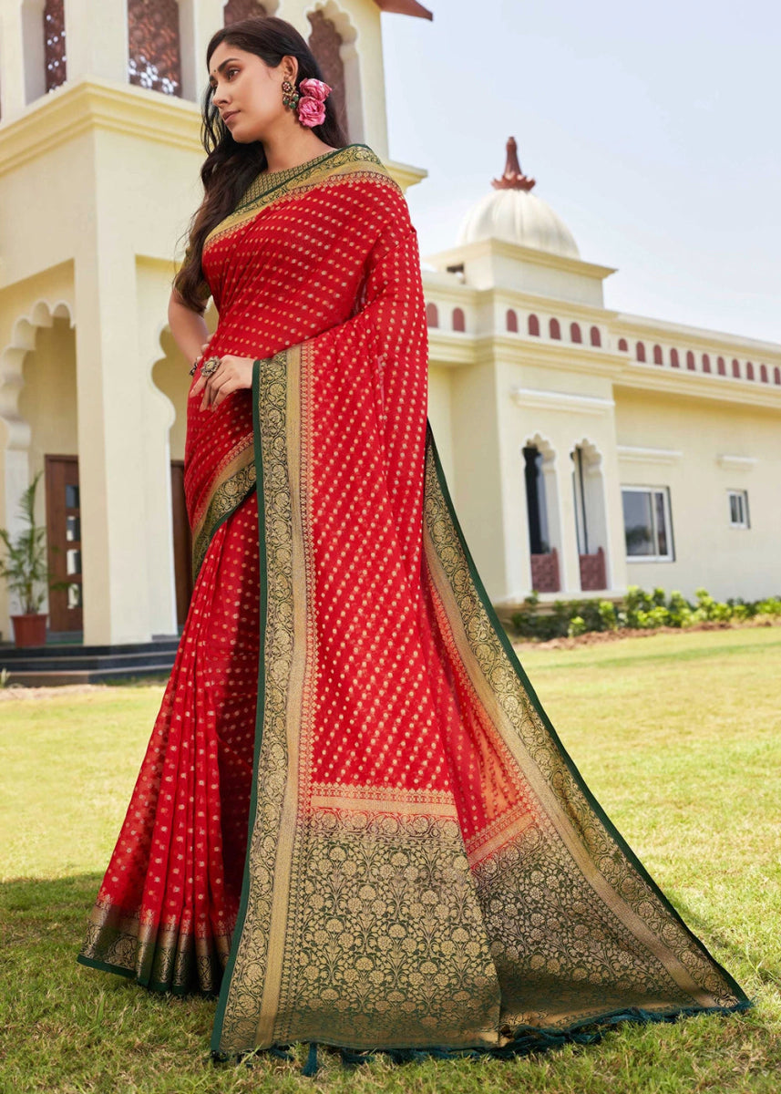 Crimson Red Georgette Silk Saree with Ornate Zari Border & Pallu - House of Sarvati LLC