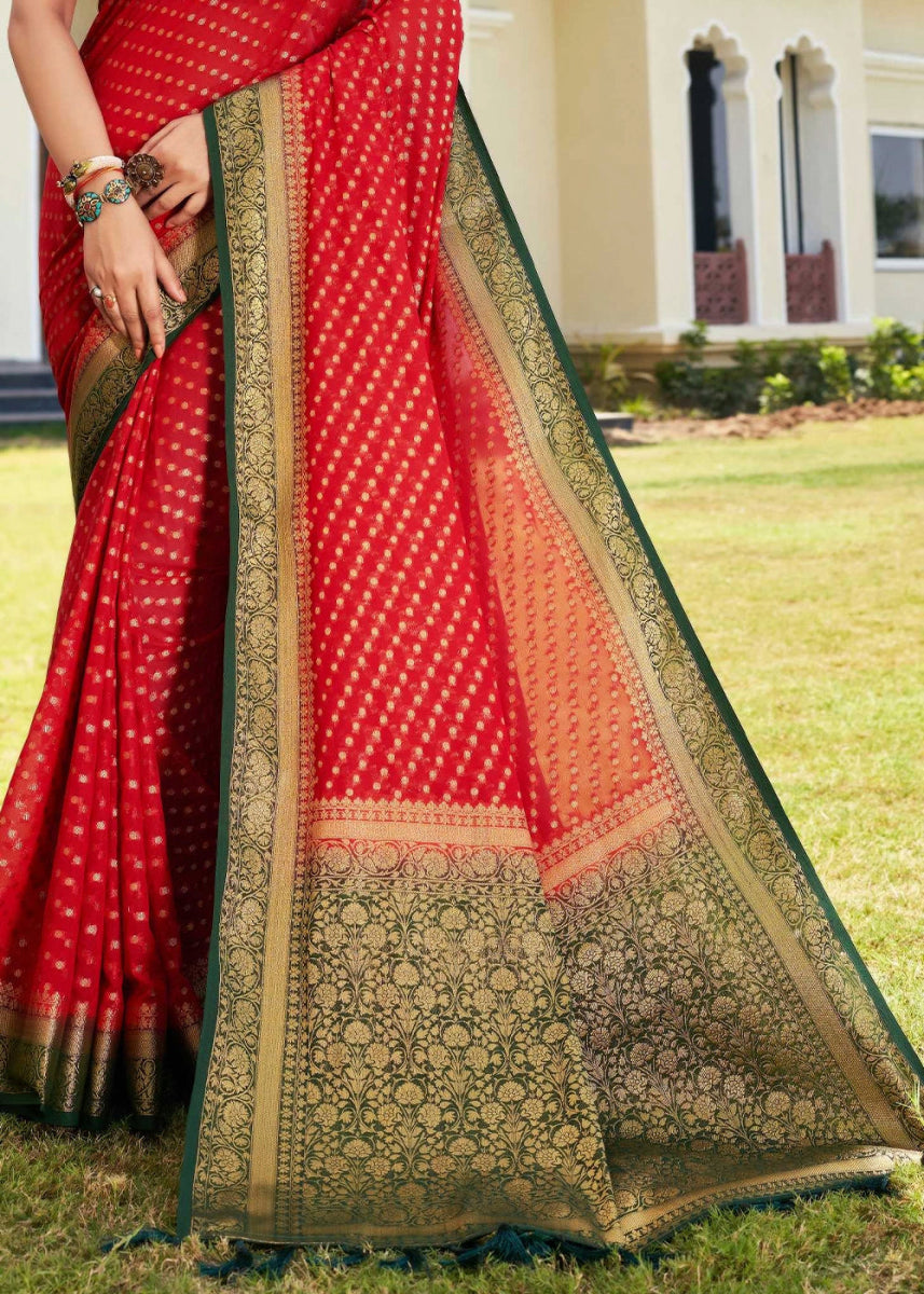 Crimson Red Georgette Silk Saree with Ornate Zari Border & Pallu - House of Sarvati LLC
