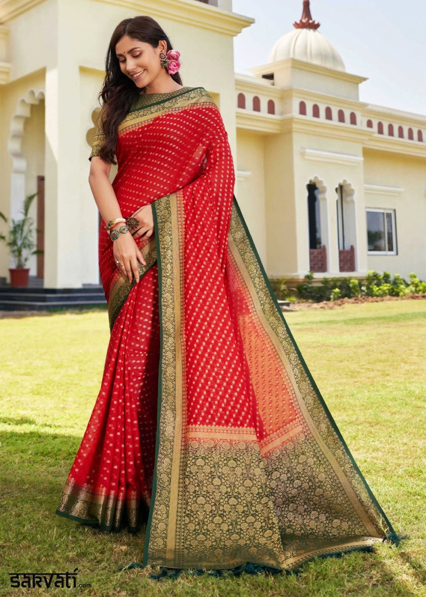 Crimson Red Georgette Silk Saree with Ornate Zari Border & Pallu - House of Sarvati LLC