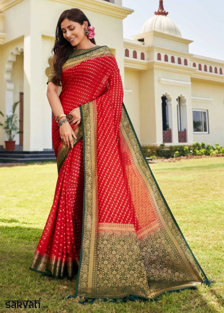 Crimson Red Georgette Silk Saree with Ornate Zari Border & Pallu - House of Sarvati LLC