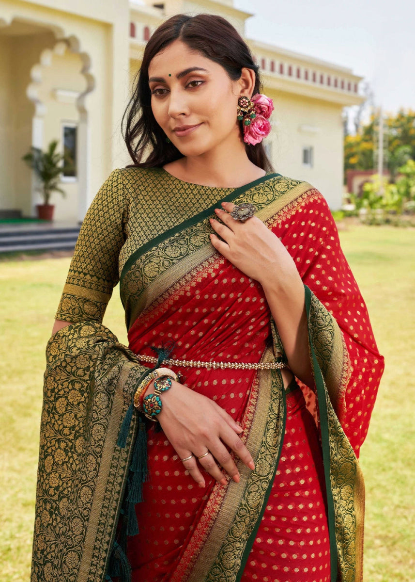 Crimson Red Georgette Silk Saree with Ornate Zari Border & Pallu - House of Sarvati LLC
