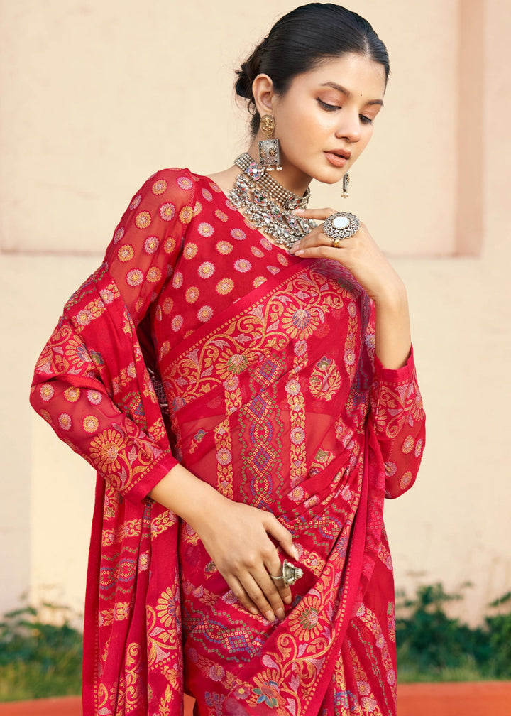Crimson Red Handwoven Zari Georgette Silk Saree - House of Sarvati LLC