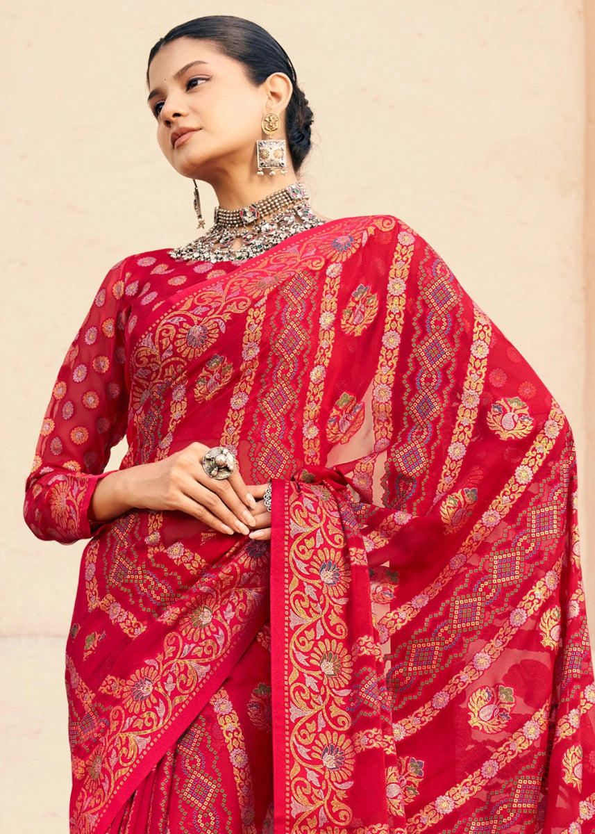 Crimson Red Handwoven Zari Georgette Silk Saree - House of Sarvati LLC