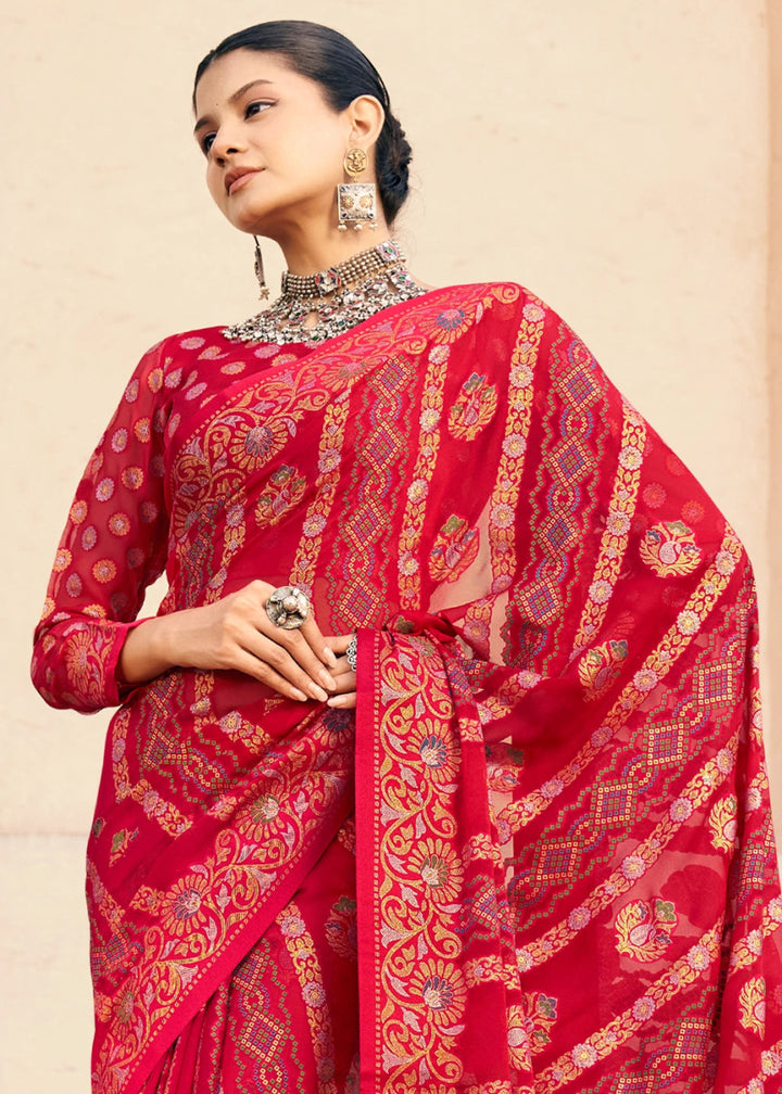 Crimson Red Handwoven Zari Georgette Silk Saree - House of Sarvati LLC