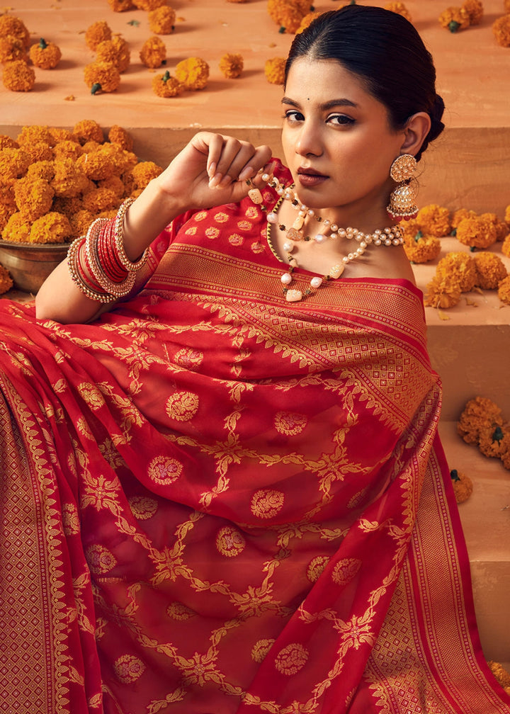 Crimson Red Handwoven Zari Georgette Silk Saree - House of Sarvati LLC