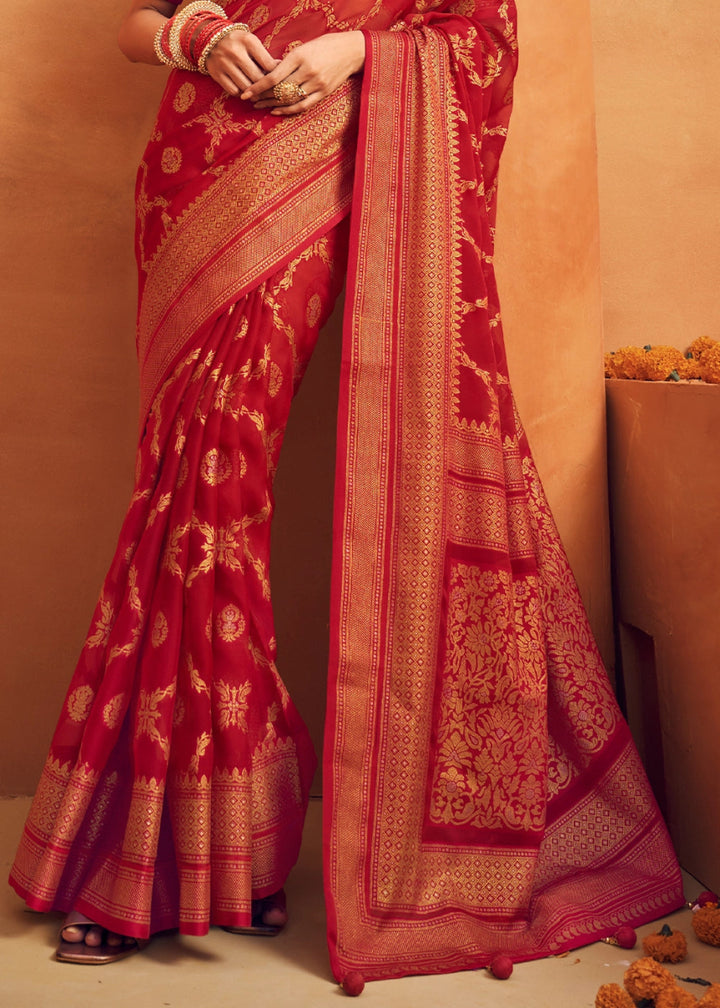 Crimson Red Handwoven Zari Georgette Silk Saree - House of Sarvati LLC