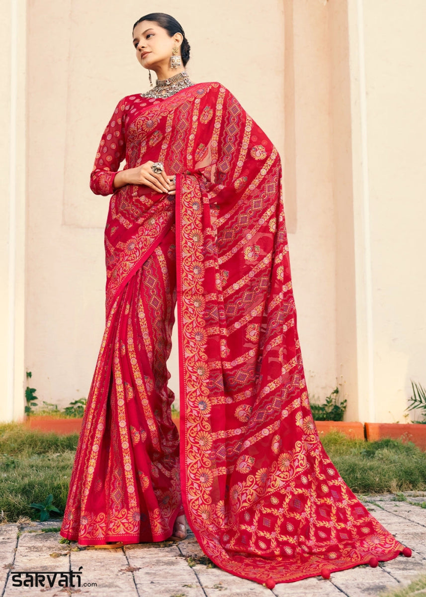 Crimson Red Handwoven Zari Georgette Silk Saree - House of Sarvati LLC