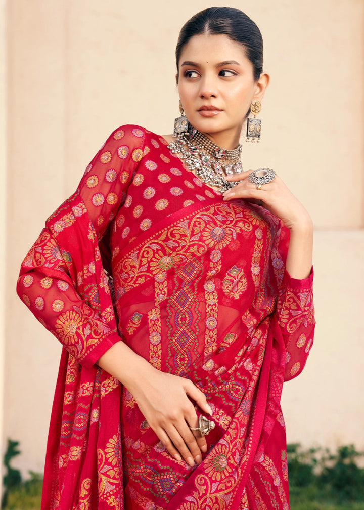 Crimson Red Handwoven Zari Georgette Silk Saree - House of Sarvati LLC