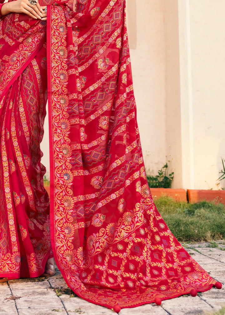 Crimson Red Handwoven Zari Georgette Silk Saree - House of Sarvati LLC