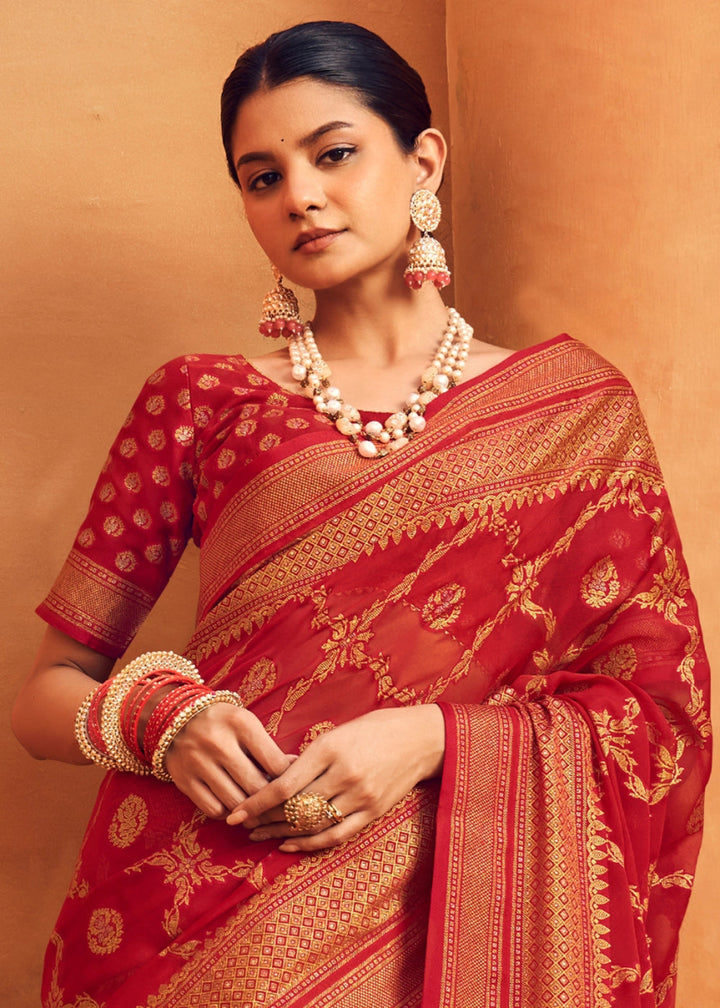 Crimson Red Handwoven Zari Georgette Silk Saree - House of Sarvati LLC