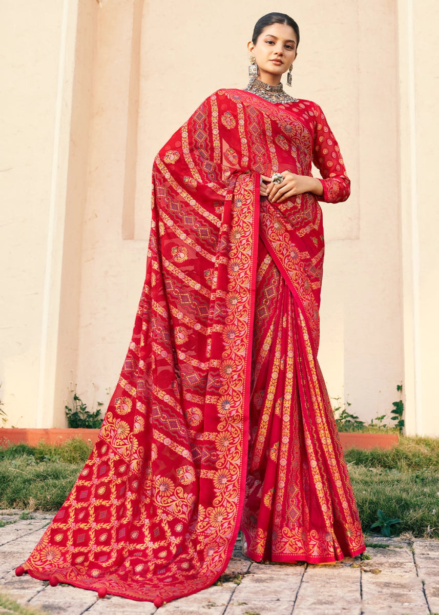 Crimson Red Handwoven Zari Georgette Silk Saree - House of Sarvati LLC